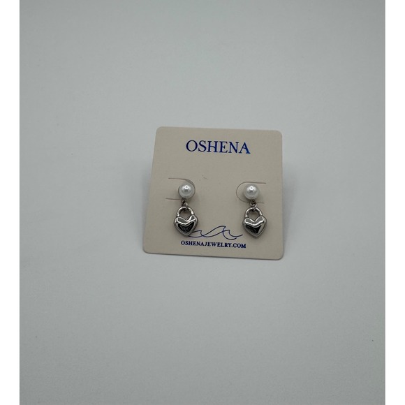 Oshena Heart Lock Pearl Drop Earrings Womens OS Silver White NEW Romantic Dainty - Picture 3 of 5